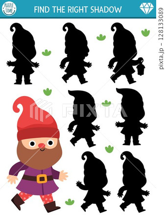 Shadow matching activity with cute dwarf. Fairytale puzzle with gnome. Find correct silhouette printable worksheet or game. Magic forest page for kids with fantasy creature 128133089