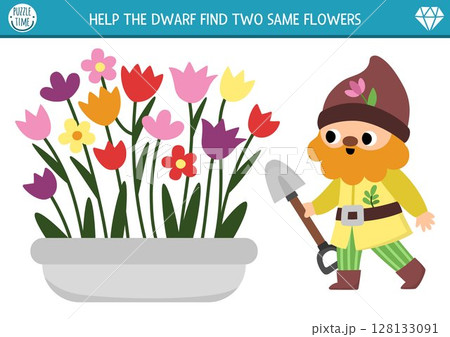 Find two same flowers. Fairytale matching activity for children. Magic forest educational quiz worksheet for kids for attention skills. Simple printable game with cute garden gnome and flower bed 128133091