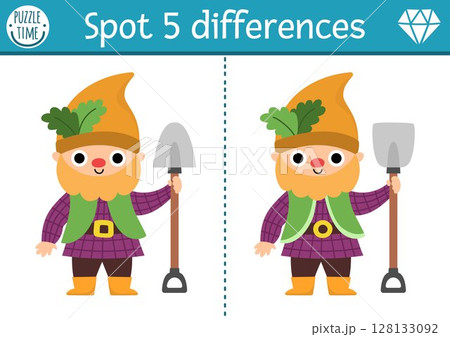 Find differences game for children. Dwarf educational activity with cute garden gnome. Magic forest puzzle for kids. Fairytale printable worksheet, page for logic, attention with fantasy creature Find differences game for children. Dwarf educational activity with cute garden gnome. Magic forest puzzle for kids. Fairytale printable worksheet, page for logic, attention with fantasy creature 128133092