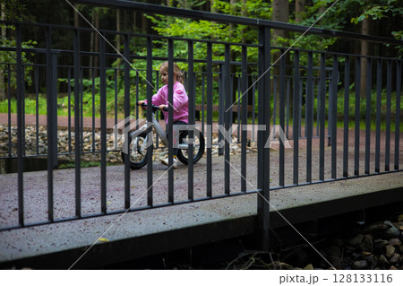 A child rides a balance bike across a picturesque bridge in a park, enjoying the thrill of being active outdoors and developing balance and coordination skills in a bright, natural setting. 128133116