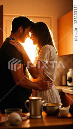 A married couple hugs in the morning in the kitchen. A man and a woman in love hugging each other in the rays of the morning sun 128133154