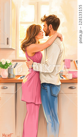Married couple hugging in the morning in the kitchen. Man and woman in love hugging in the rays of the morning sun 128133155
