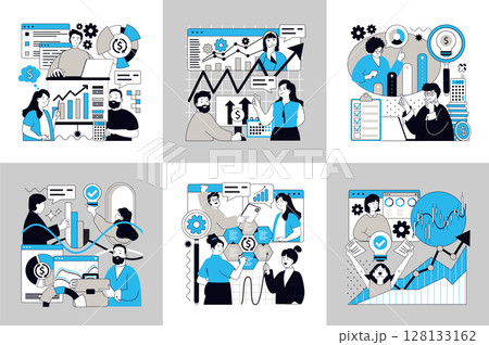 Statistics and analytics concept of social media banners set for web design. People making research for business financial planning, reporting, working with graphs and charts. Vector illustrations. Statistics and analytics concept of social media banners set for web design. People making research for business financial planning, reporting, working with graphs and charts. Vector illustrations. 128133162