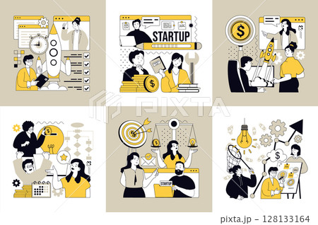 Startup concept of social media banners set for web design. People launching new business, analyzing data, planning project strategy, investment, entrepreneur developing company. Vector illustrations. Startup concept of social media banners set for web design. People launching new business, analyzing data, planning project strategy, investment, entrepreneur developing company. Vector illustrations. 128133164