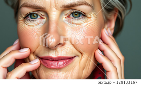Portrait of a middle-aged woman. Facial wrinkles are pronounced 128133167