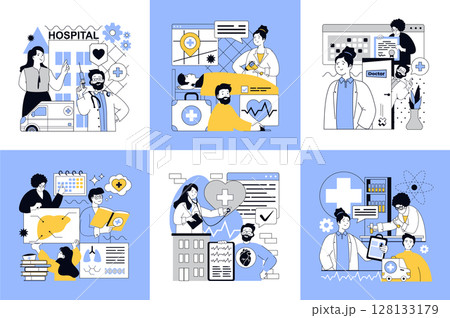 Healthcare and medical concept of social media banners set for web design. People working in hospital and ambulance, patients in ward, doctors making diagnosis and treatment. Vector illustrations. Healthcare and medical concept of social media banners set for web design. People working in hospital and ambulance, patients in ward, doctors making diagnosis and treatment. Vector illustrations. 128133179