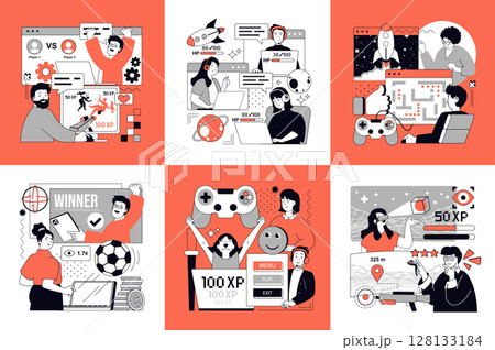 E-sport and video game concept of social media banners set for web design. People playing video games online, streaming gaming, players winning cybersport virtual competition. Vector illustrations. 128133184