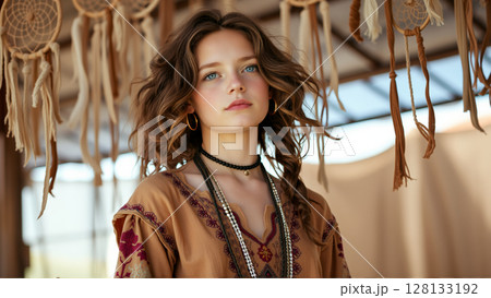 Portrait of a beautiful woman in boho style 128133192