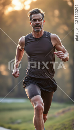 Portrait of a middle-aged man during a morning jog 128133266