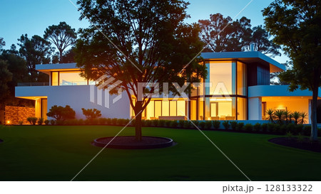 The modern individual residential house is surrounded by a well-groomed beautiful lawn 128133322