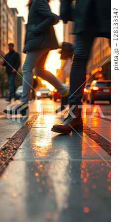 A lot of people walk along the pedestrian crossing during rush hour 128133347