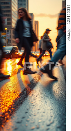 A lot of people walk along the pedestrian crossing during rush hour 128133355