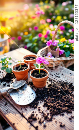 Transplanting flowers into flower pots outdoors in a summer cottage on a sunny day 128133377