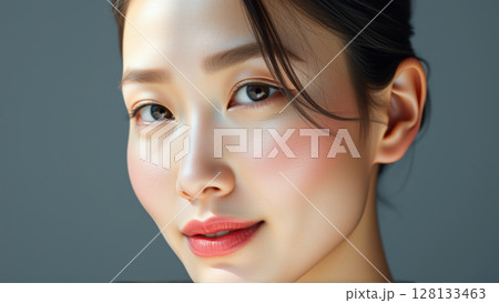 Portrait of beautiful asian woman on isolated grey background 128133463