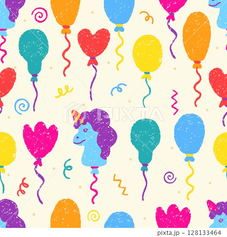 Balloon seamless pattern. Crayon drawing colorful balloons, heart and unicorn. Children style, print for fabric, wrapping, wallpaper. Neoteric vector background 128133464