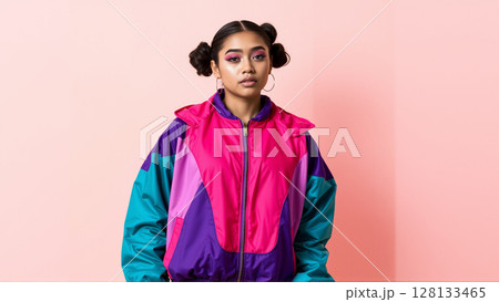 Young girl with bright face makeup on pink background. Girl dressed in a vintage sports windbreaker 128133465