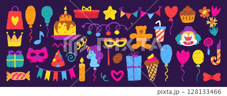 Birthday crayon drawn elements. Clown face, carnival masks, sweet desserts and festive garlands. Party balloons, cake with candle, gifts, neoteric vector set 128133466