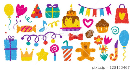 Birthday party pencil drawing. Crayon hand drawn gift box, garland, balloons, birthday cake. Isolated candy and muffin, desserts, neoteric vector set 128133467
