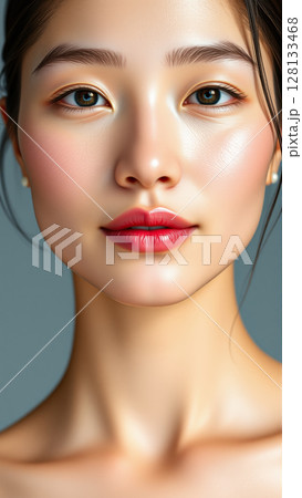 Portrait of beautiful asian woman on isolated grey background 128133468