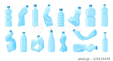 Cartoon crumpled bottles. Plastic trash, crush water containers. Broken and disposable flasks, empty packages for beverages, neoteric vector clipart 128133476