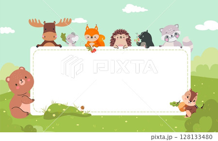 Childish empty banner with animals. Funny bear fox hedgehog raccoon holding board with space for text. Nature characters, valley landscape nowaday vector scene Childish empty banner with animals. Funny bear fox hedgehog raccoon holding board with space for text. Nature characters, valley landscape nowaday vector scene 128133480