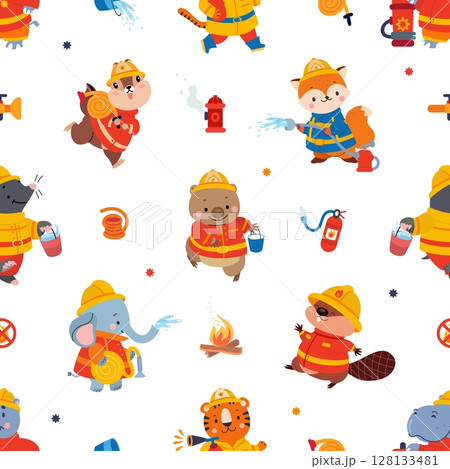 Firefighters woodland animal. Funny animals in fireman uniform, hydrant, bucket, water drops. Fox elephant tiger, childish fabric print, nowaday vector background Firefighters woodland animal. Funny animals in fireman uniform, hydrant, bucket, water drops. Fox elephant tiger, childish fabric print, nowaday vector background 128133481