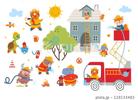 Animals firefighters. Funny animal firemen extinguish flame and rescue characters from burning home. Firetruck, watering house from emergency hose, nowaday vector scene Animals firefighters. Funny animal firemen extinguish flame and rescue characters from burning home. Firetruck, watering house from emergency hose, nowaday vector scene 128133483