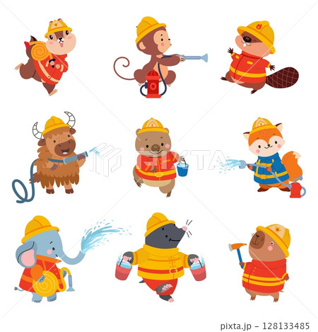 Firefighters animals. Cartoon animal in uniform with buckets, emergency hose with water. Elephant, fox, monkey extinguish flame, nowaday vector set Firefighters animals. Cartoon animal in uniform with buckets, emergency hose with water. Elephant, fox, monkey extinguish flame, nowaday vector set 128133485