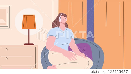 Young woman sitting at home and looking outside in window. Rainy day, girl listen music in headphones in cozy chair in living room, vector scene Young woman sitting at home and looking outside in window. Rainy day, girl listen music in headphones in cozy chair in living room, vector scene 128133487