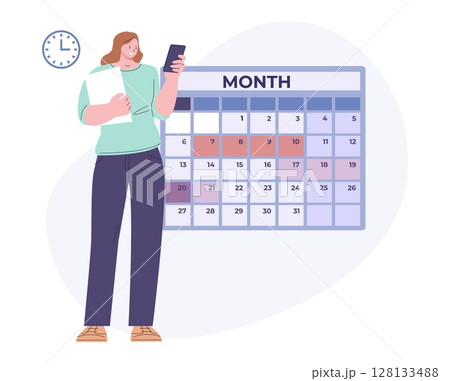 Woman check period calendar in smartphone app. Menstruation and ovulation days. Female menses cycle, modern technologies for safety and planning, vector concept Woman check period calendar in smartphone app. Menstruation and ovulation days. Female menses cycle, modern technologies for safety and planning, vector concept 128133488