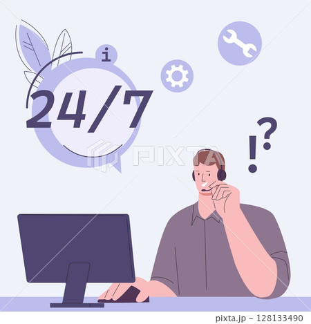 Service or support call center. Male character with headphones answer on consumer questions, digital or computer online helpline, vector scene Service or support call center. Male character with headphones answer on consumer questions, digital or computer online helpline, vector scene 128133490