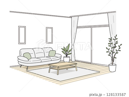 落ち着いたシンプルな部屋のイラスト　2点透視図　内観パース 128133587