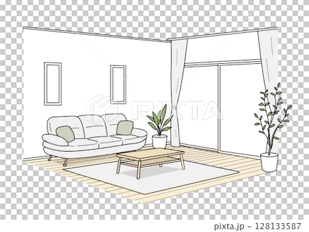 落ち着いたシンプルな部屋のイラスト　2点透視図　内観パース 128133587