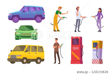 Gas station. Drivers fill up car with fuel exact vector people and vehicles Gas station. Drivers fill up car with fuel exact vector people and vehicles 128133626