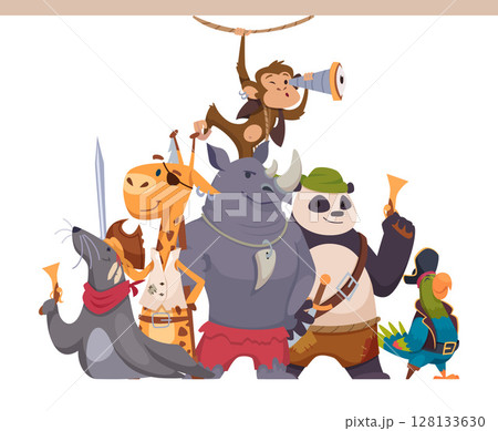 Pirate couple. wild animals with weapons standing together. cartoon pirates 128133630