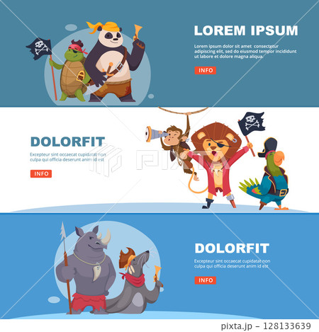 Cartoon pirates. battle animals in action poses. vector banners template Cartoon pirates. battle animals in action poses. vector banners template 128133639