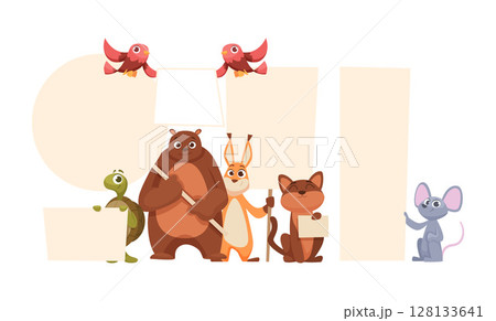 Animals with banners. empty banners in hands of wild animals. vector ads template 128133641