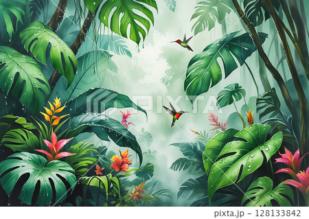 ハチドリの舞う 雨の熱帯雨林 ハチドリの舞う 雨の熱帯雨林 128133842