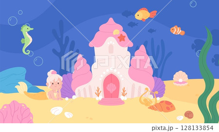 Fairytale illustration with little mermaid princess and underwater castle. Cartoon fish and seahorse, seaweeds and plants, sand, vector background Fairytale illustration with little mermaid princess and underwater castle. Cartoon fish and seahorse, seaweeds and plants, sand, vector background 128133854