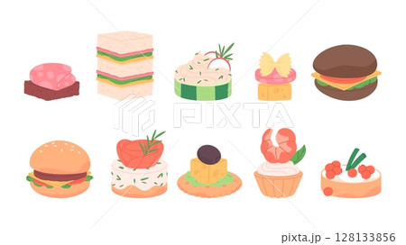 Different mini snacks for buffet or party. Breakfast sandwiches, burgers. Tasty food with bread cheese shrimp bacon caviar, vector clipart 128133856