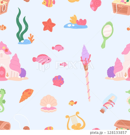 Cute elements, fish, treasure, underwater princess castle with seashells. Cartoon fairy tale seamless pattern, mermaid elements vector background 128133857