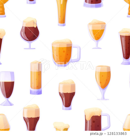 Beer seamless pattern. Different cartoon beer glasses. Tasty drink, oktoberfest festival design. Dark light beverages, adult pub drinks, vector background Beer seamless pattern. Different cartoon beer glasses. Tasty drink, oktoberfest festival design. Dark light beverages, adult pub drinks, vector background 128133863