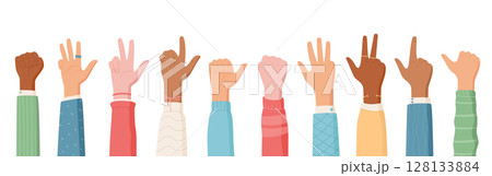 Cartoon hand count gesture icon set shows diverse poses. Hands and fingers count different numbers in a playful style. Vibrant cartoon announces diversity through gestures. Suitable for education. Cartoon hand count gesture icon set shows diverse poses. Hands and fingers count different numbers in a playful style. Vibrant cartoon announces diversity through gestures. Suitable for education. 128133884