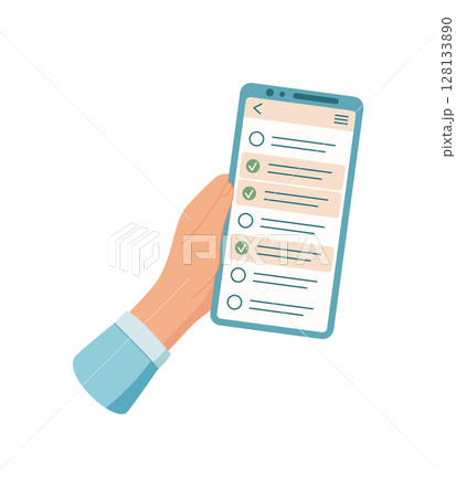 A hand holds a phone displaying a task list app. The user interacts with the screen using their finger to check off items. This simple mobile application enhances productivity and organization, 128133890