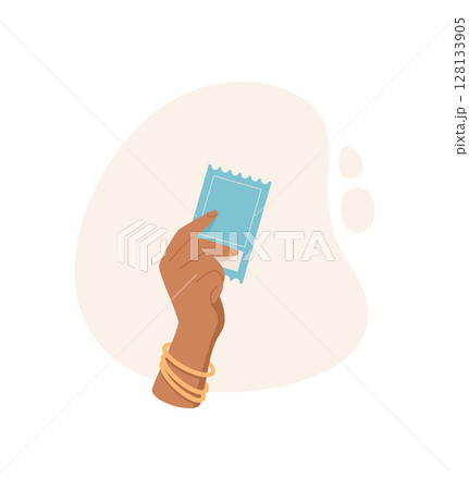 Hand holding ticket icon. Female hand in palm gesture shows ticket. Concept of exchange and transfer, flat style, suitable for use in graphic designs or marketing materials. Hand holding ticket icon. Female hand in palm gesture shows ticket. Concept of exchange and transfer, flat style, suitable for use in graphic designs or marketing materials. 128133905