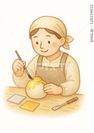 金箔職人のイラスト 水彩タッチの伝統工芸イメージ 128134012
