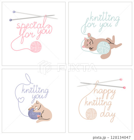 Set of greeting cards about knitting with kitty, needles and ball of yarn Set of greeting cards about knitting with kitty, needles and ball of yarn 128134047