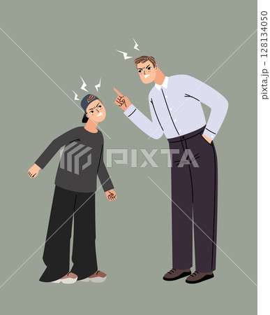 Quarrel between close people vector illustration. Father and son sort things out, shout and get angry to each other 128134050