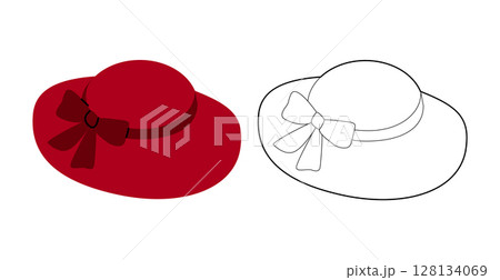 Picture Hat with Bow. Summer Bonnet Head Fashion accessory cap with wide brim clothing technical illustration. Picture Hat with Bow. Summer Bonnet Head Fashion accessory cap with wide brim clothing technical illustration. 128134069