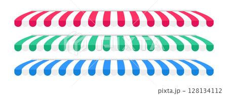 Set of shop awnings. Striped store canopy. Market striped tent isolated on white background. Cafe sunshade. Kiosk umbrella. Stall marquee. Storefront element. Vector illustration Set of shop awnings. Striped store canopy. Market striped tent isolated on white background. Cafe sunshade. Kiosk umbrella. Stall marquee. Storefront element. Vector illustration 128134112